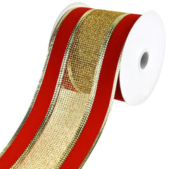 Christmas Velvet with Glittered Net Wired Ribbon, 4-Inch, 10-Yard - Red/Gold