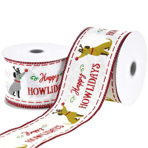 Christmas Happy Howlidays Dogs Faux Linen Wired Ribbon, 10-yard