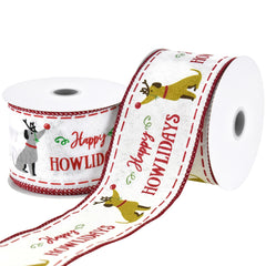 Christmas Happy Howlidays Dogs Faux Linen Wired Ribbon, 10-yard