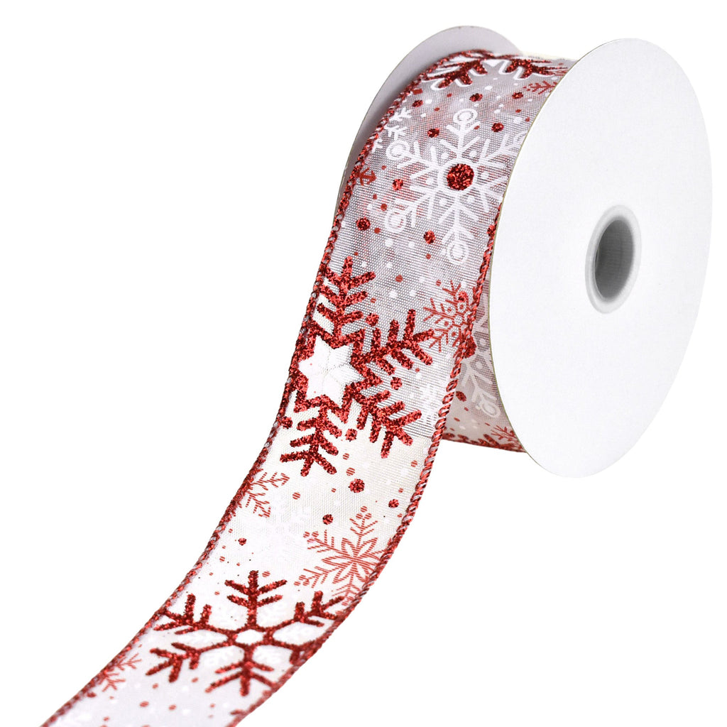 Christmas Glittered Snowflakes Sheer Organza Wired Ribbon, 10-yard