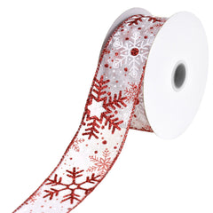 Christmas Glittered Snowflakes Sheer Organza Wired Ribbon, 10-yard