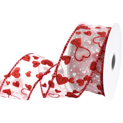 Valentine's Sheer Organza Glittered Hearts Wired Ribbon, 1-1/2-inch, 10-yard