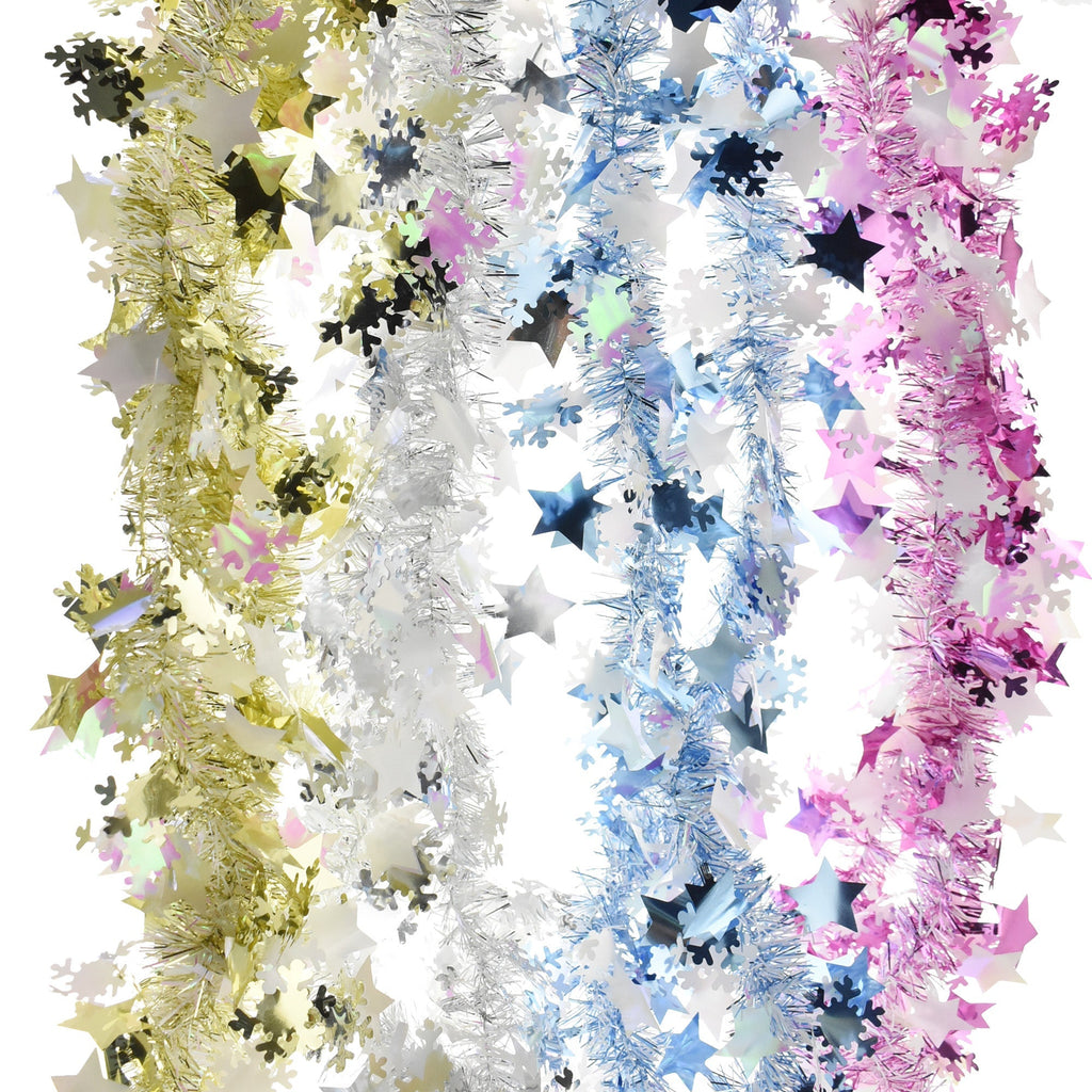 Winter Star and Snowflake Tinsel Garlands, 9-Feet, 4-Piece