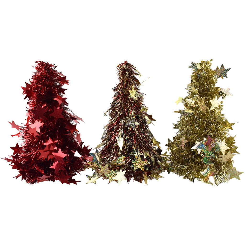 Laser Cut Star Tinsel Table Top Trees, Red/Gold, 10-Inch, 3-Piece