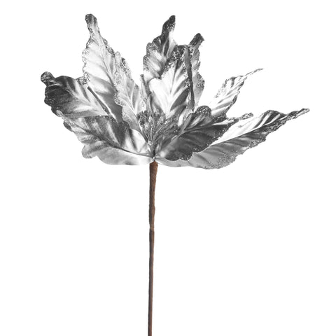 Artificial Glittered Poinsettia Stem, Silver, 14-Inch