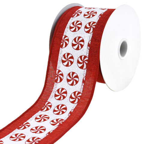 Glittered Peppermint Faux Linen Wired Ribbon, 2-1/2-Inch, 10-Yard - Red