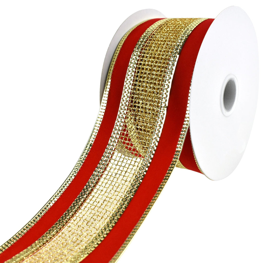 Christmas Velvet with Glittered Net Wired Ribbon, 2-1/2-Inch, 10-Yard - Red/Gold