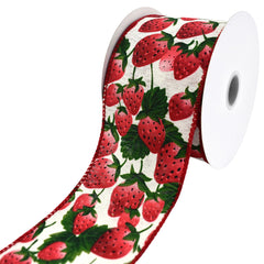 Fresh Spring Strawberries Faux Linen Wired Ribbon, 2-1/2-inch, 10-yard