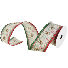 Christmas Reindeer Red/Green Wired Ribbon, 2-1/2-Inch, 10-Yard - Natural