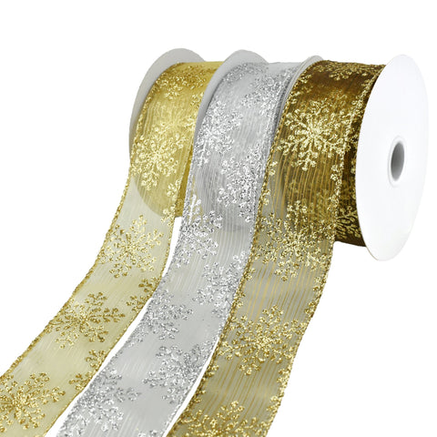 Metallic Glitter Christmas Snowflake, Stripe Sheer Wired Ribbon, 1-1/2-Inch, 10-Yard