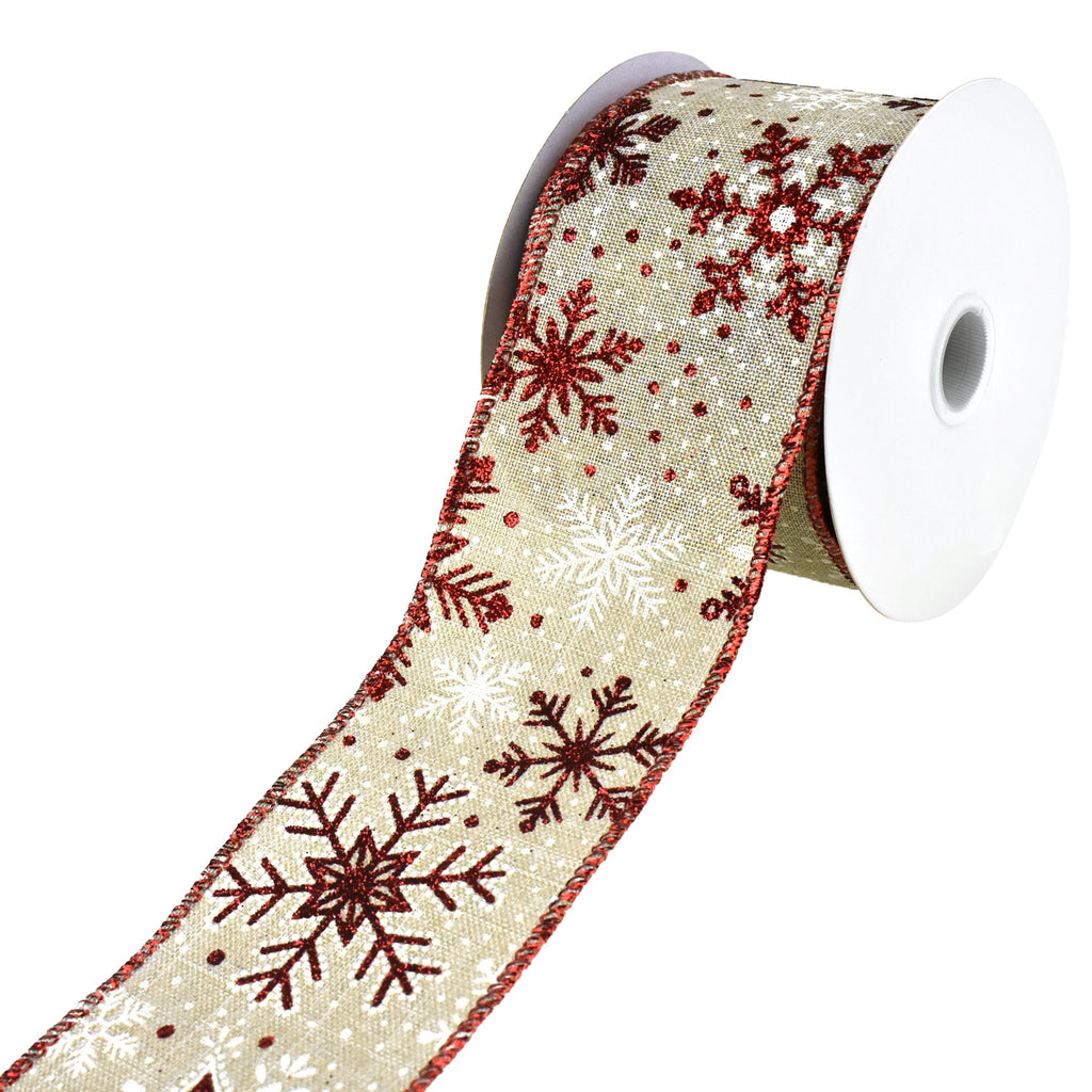 Christmas Glittered Snowflakes Faux Linen Wired Ribbon, 2-1/2-Inch, 10-Yard