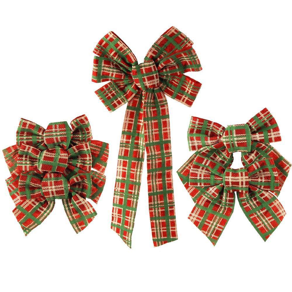 Felt Christmas Bows Plaid Checkered, Red/Green, 3 Size, 6-Piece