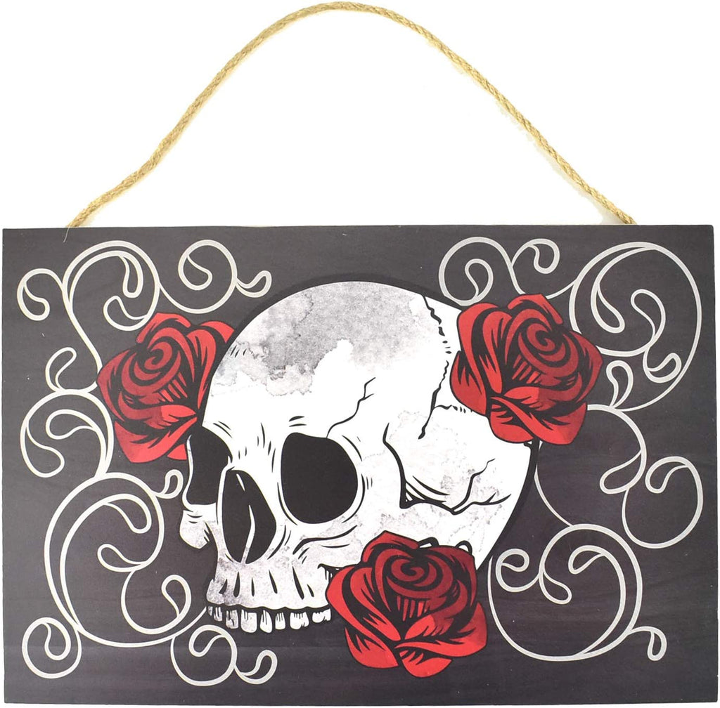 Rose and Skull MDF Wooden Sign with Hanger, 7-1/4-inch