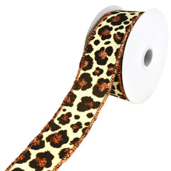Flocked Cheetah Print Satin Wired Ribbon, 10-yard