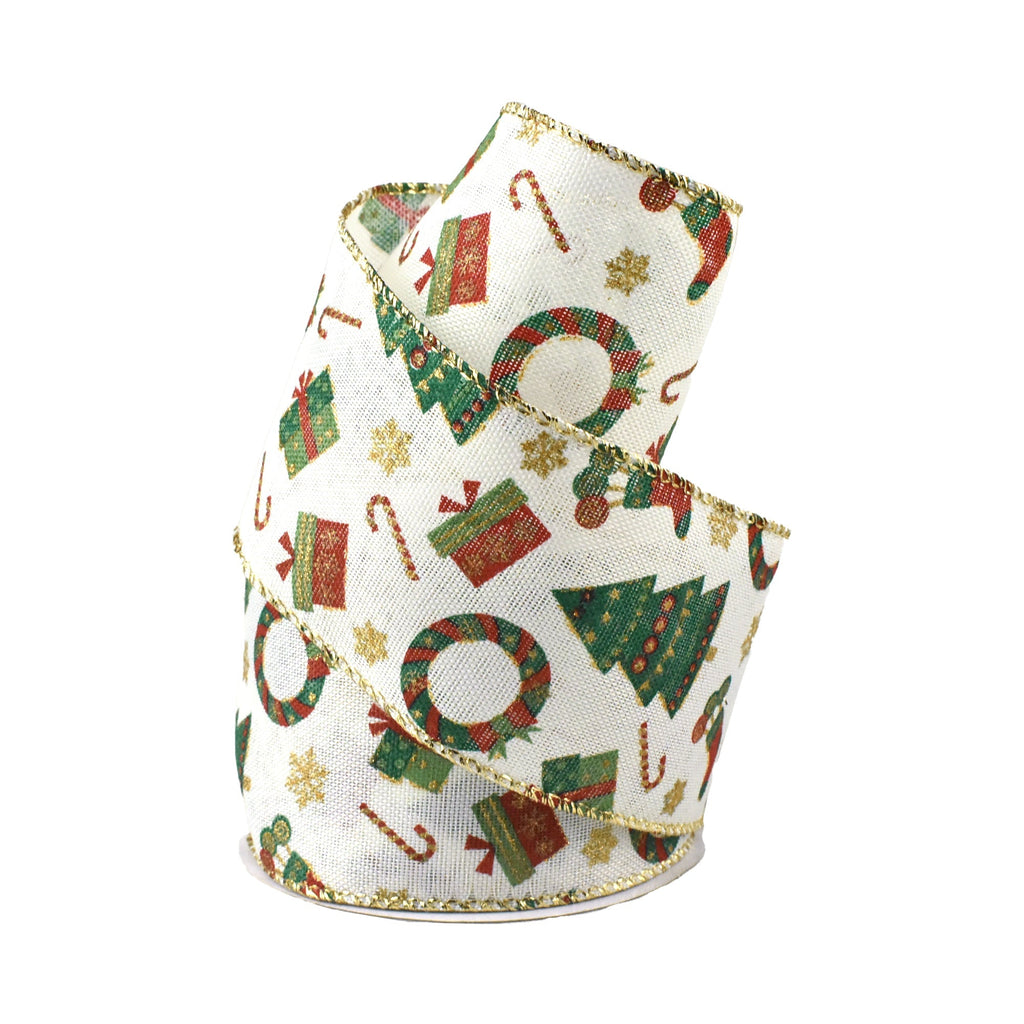 Mini Christmas Icons Wired Ribbon, 2-1/2-Inch, 10-Yard