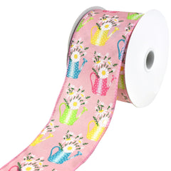 Flowers and Watering Cans Satin Wired Ribbon, 2-1/2-Inch, 10-Yard