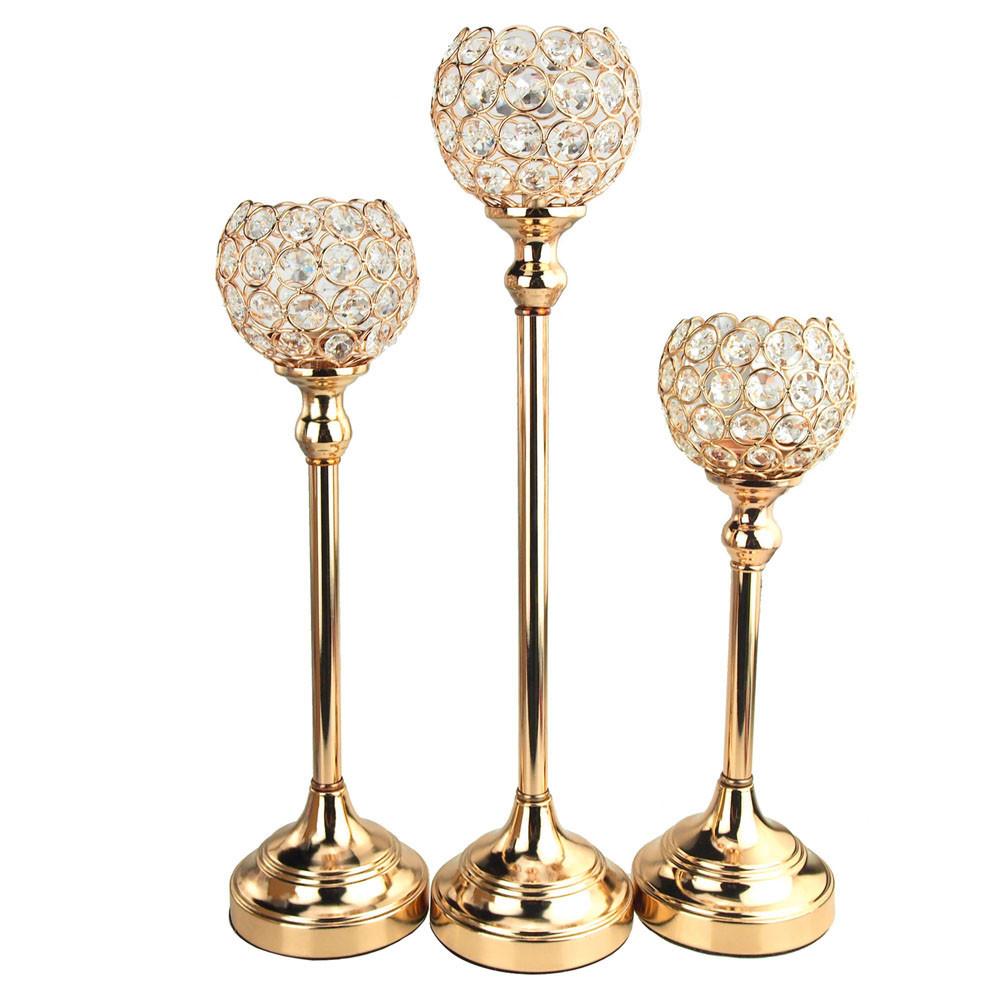 Crystal Globe Candle Holder Metal Centerpiece, Gold, 3-Piece