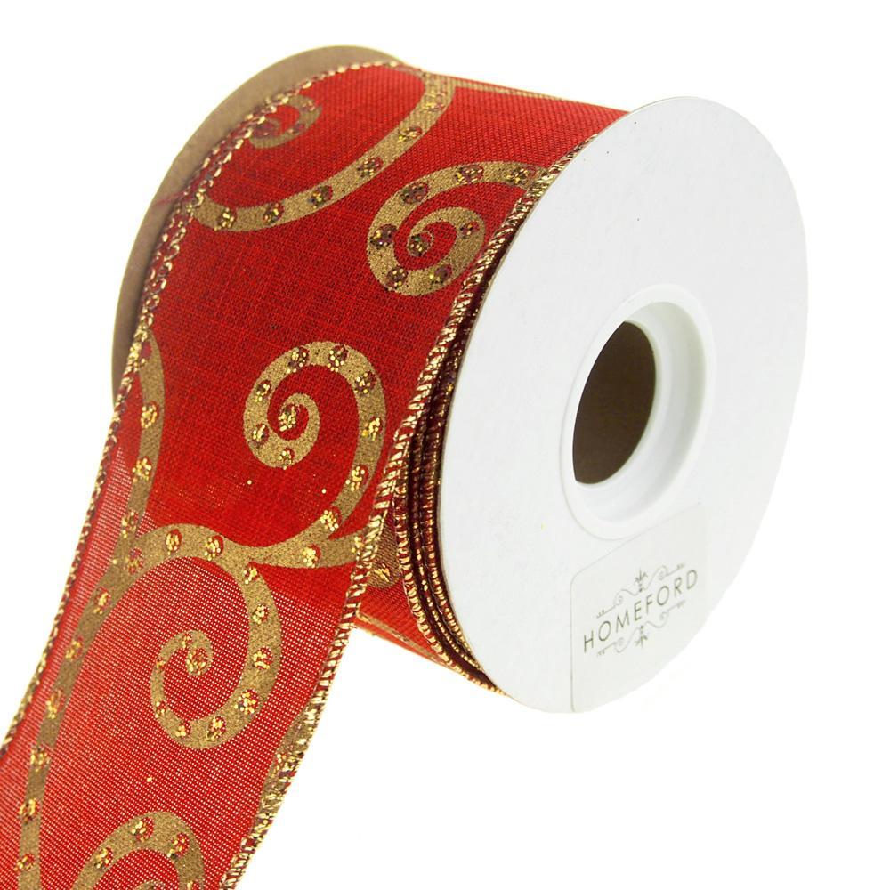 Gilded Scroll Swirl Linen Wired Christmas Holiday Ribbon, Red, 2-1/2-Inch, 10 Yards