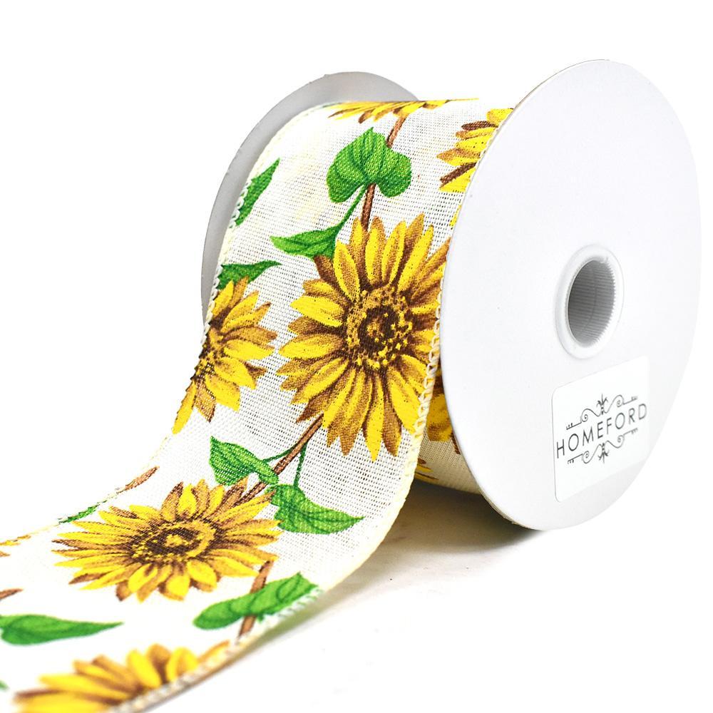 Sunflowers Faux-Linen Wired Ribbon, 2-1/2-Inch, 10-Yard