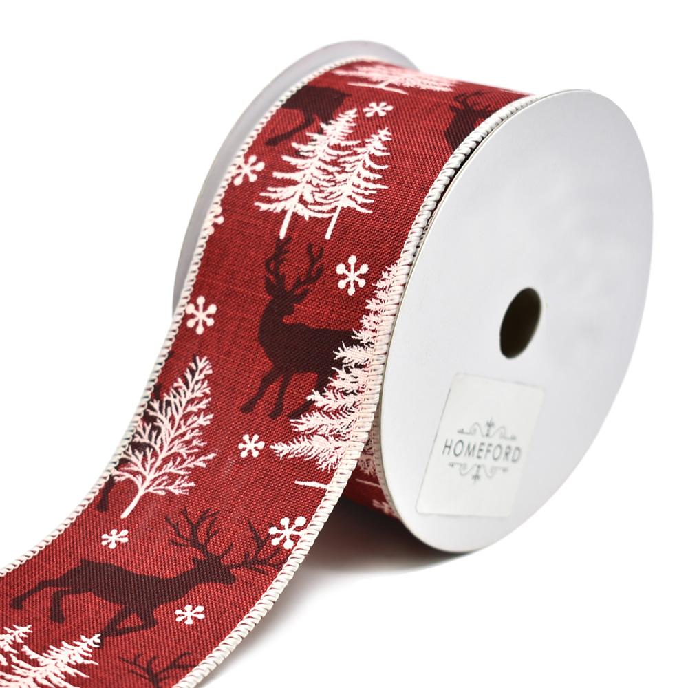 Winter Forest Burlap Wired Printed Christmas Ribbon, Red, 2-1/2-Inch, 10-Yard