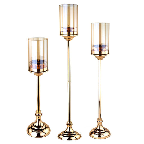 Tall Glass Cup Candle Holder Metal Centerpiece, Gold, 3-Piece