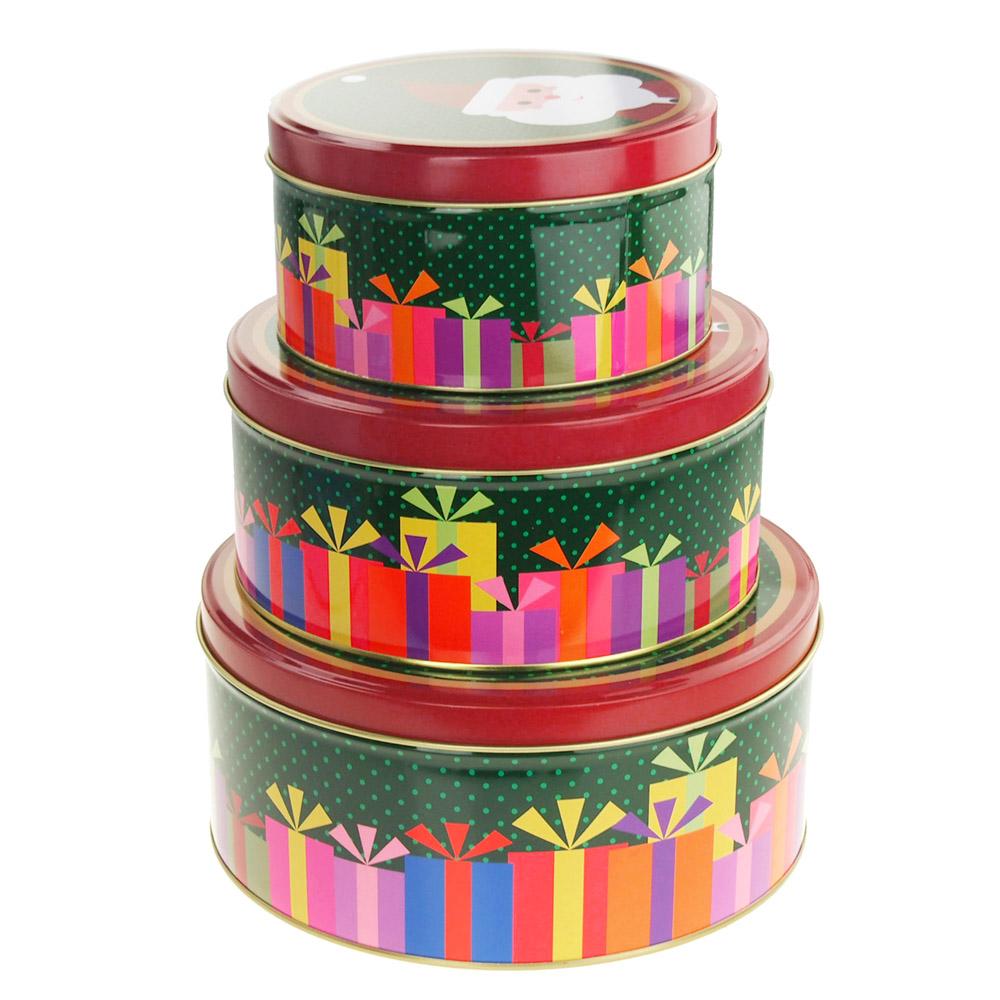 Christmas Cookie Tin Round Containers with Santa/Gift Box, 3 Size, Multi-Color