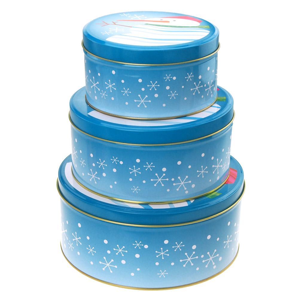 Christmas Cookie Tin Round Containers with Snowflakes/Snowman, 3 Size, Blue