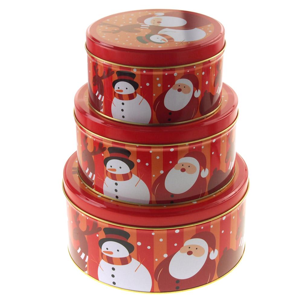 Christmas Cookie Tin Round Containers with Santa & Snowman 3 Size Santa Red