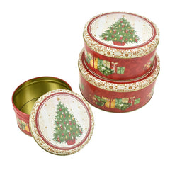 Christmas Cookie Tin Round Containers with Christmas Tree and Presents, 3 Size, Red