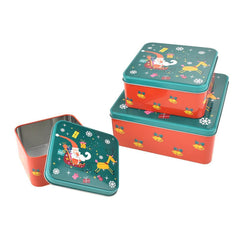 Tiered Square Santa Christmas Cookie Tin Containers, 3-Piece