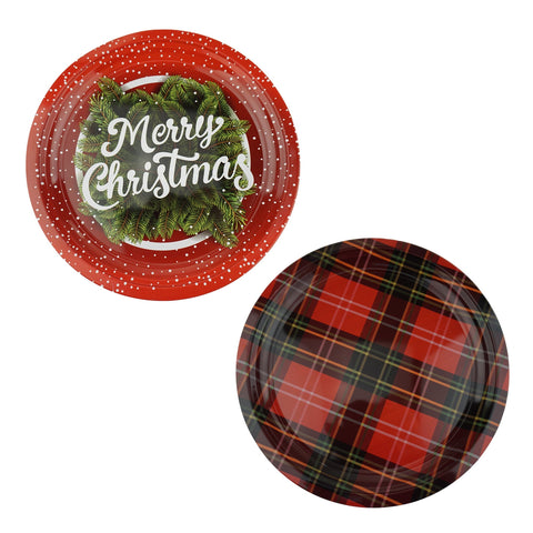 Merry Christmas Snow and Plaid Round Tin Plates, 10-Inch, 2-Piece