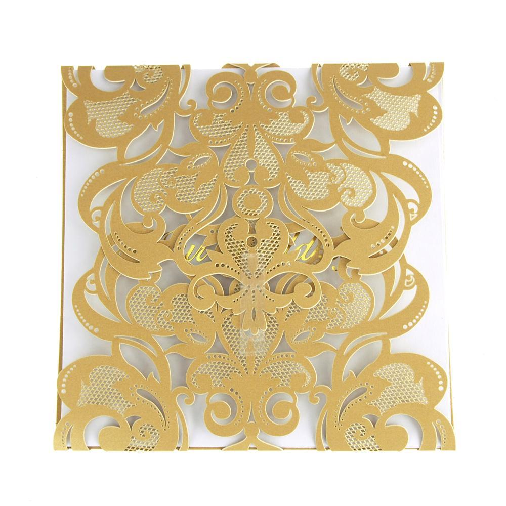 Paper Square Laser-Cut Pearlescent Scroll Swirl "Our Wedding" Invitations, Gold, 5-3/4-Inch, 8 count