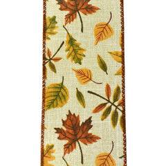 Autumn Falling Leaves Faux Linen Wired Ribbon, 10-yard