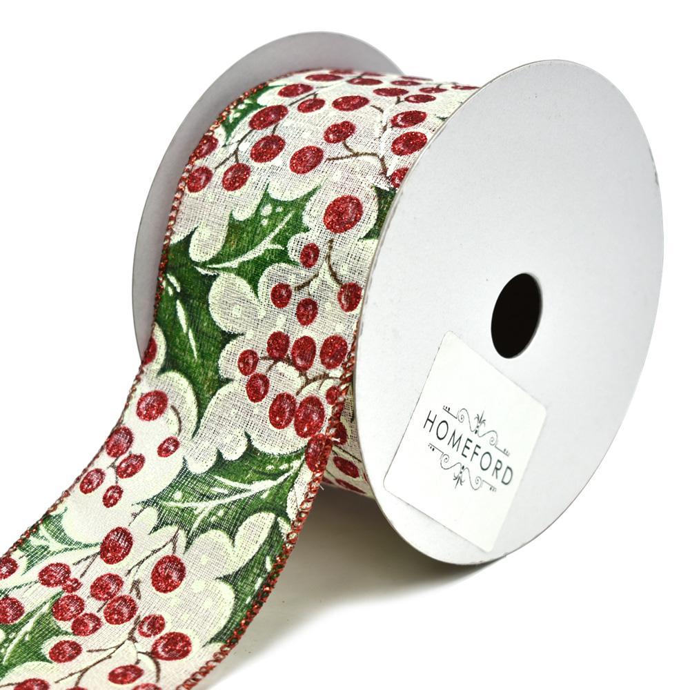 Holly Berry Wired Christmas Ribbon, 2-1/2-Inch, 10-Yard