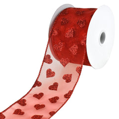 Sheer Organza Glitter Hearts Valentine's Day Wired Ribbon, 2-1/2-Inch, 10-Yard