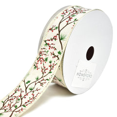 Holly Berry Branch Printed Wired Christmas Ribbon, 10-Yard