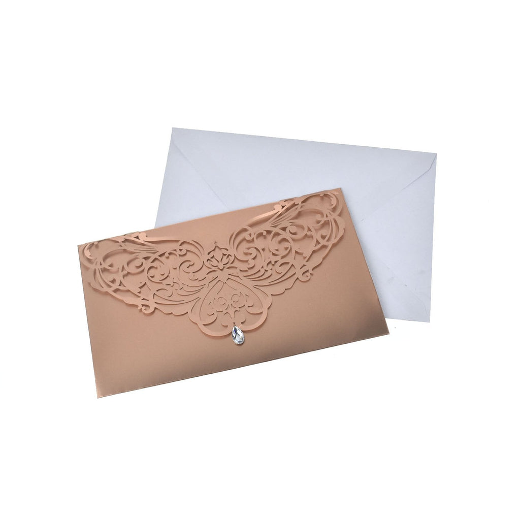 Blank Invitations Rectangle Laser Cut Design With Rhinestone, Rose Gold, 7-1/4 Inch, 8-Piece