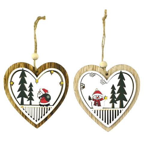 Santa and Snowmen Wooden Heart Cut-Out Christmas Ornaments, 3-1/2-Inch, 2-Piece