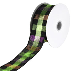 Halloween Metallic Woven Checkered Plaid Wired Ribbon, 10-yard