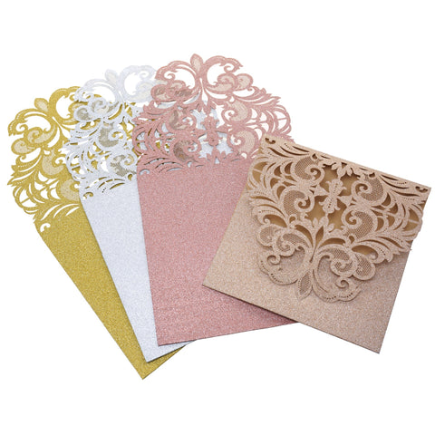 Square Glitter Laser-Cut Victorian Ornate Design Blank Invitations, 6-Inch, 8-Count