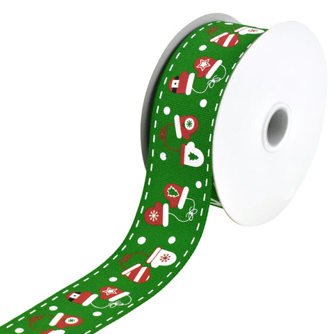 Christmas Mittens Dash Edge Grosgrain Ribbon, 1-1/2-Inch, 10-Yard - Green