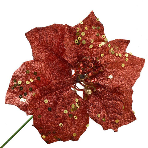 Artificial Glittered Holiday Poinsettia Pick, Red, 10-Inch