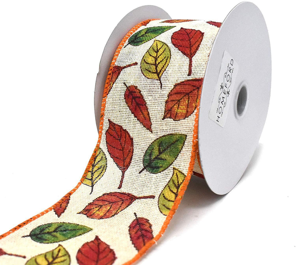 Ivory Linen Fall Leaves Wired Ribbon, 2-1/2-Inch, 10-Yard