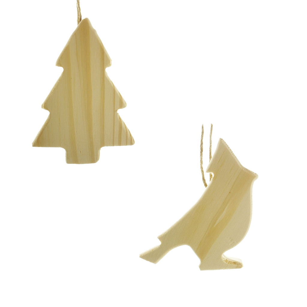 Unfinished Wood Tree and Bird Ornaments, Assorted Sizes, 2-Piece