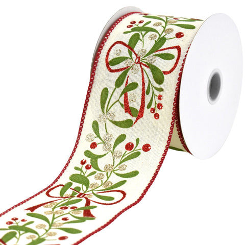 Christmas Holly Berries Faux Linen Wired Ribbon, 2-1/2-inch, 10-yard