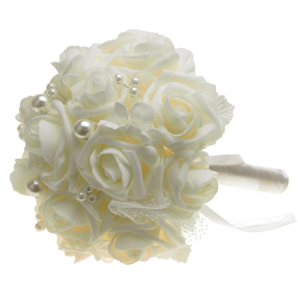 Soft Touch Rose Flower Wedding Bouquet with Pearls, 9-Inch, Ivory