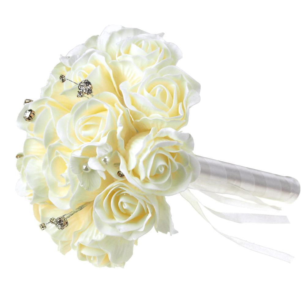 Soft Touch Rose Flower Wedding Bouquet with Rhinestones, 9-Inch, Ivory