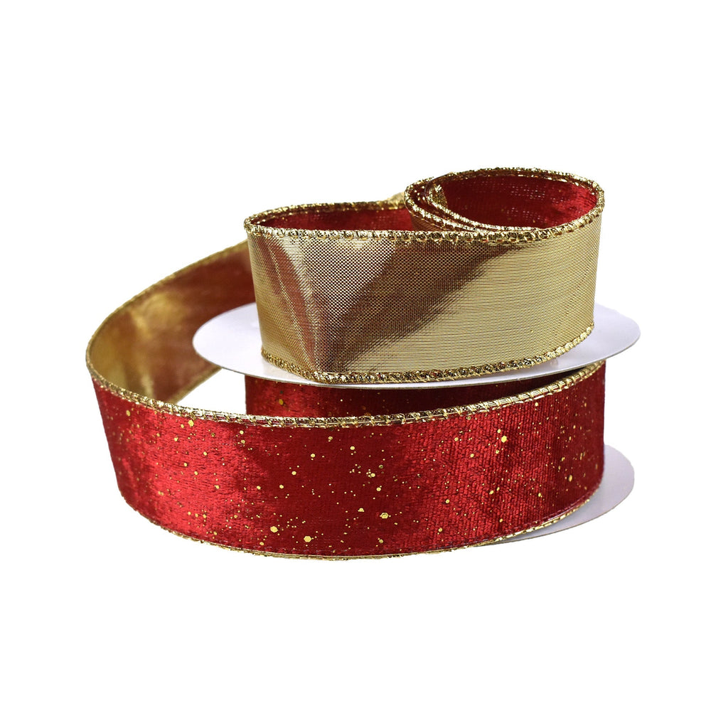 Glittered Lush Double-Sided Wired Ribbon, Red/Gold, 1-1/2-Inch, 10-Yard