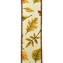 Autumn Falling Leaves Faux Linen Wired Ribbon, 10-yard