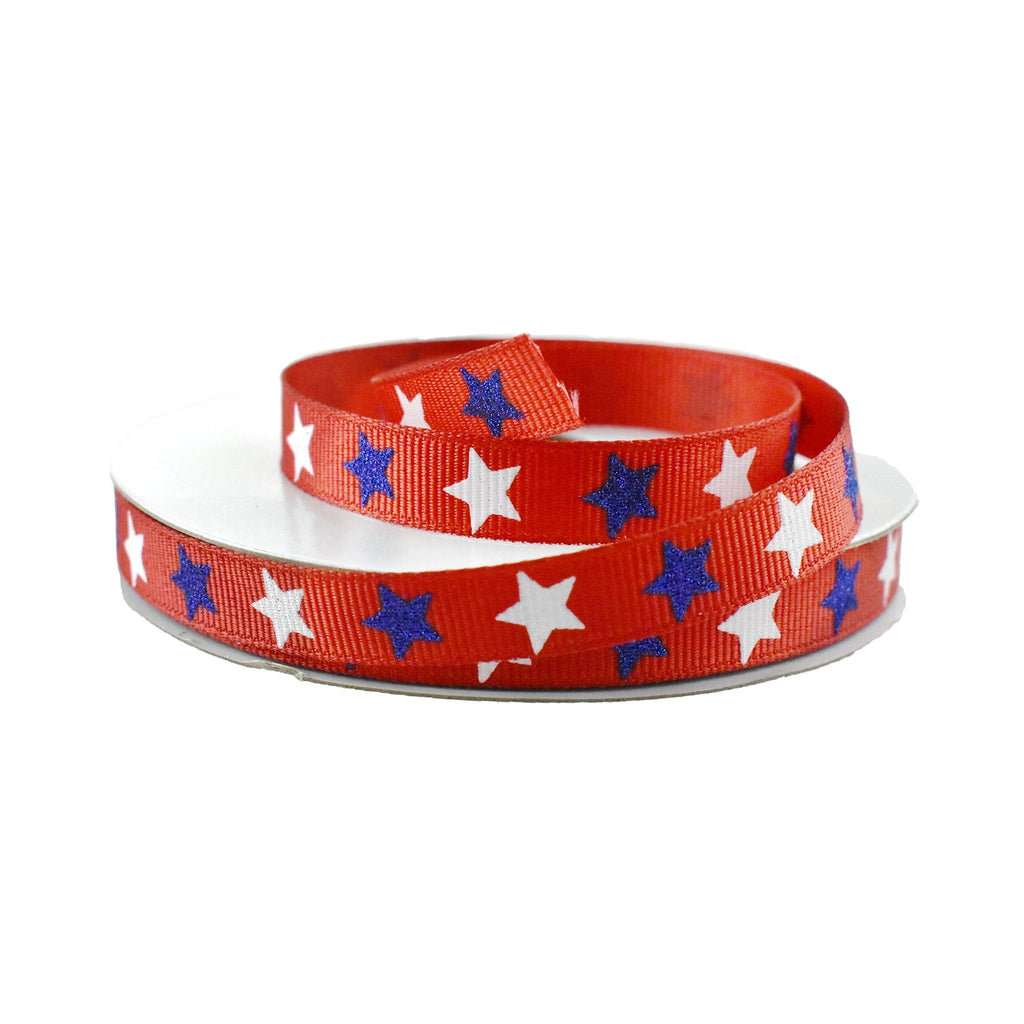 Glittered Patriotic Stars Grosgrain Ribbon, 3/8-Inch, 10-Yard